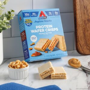 Atkins Peanut Butter Protein Wafer Crisps, Protein Dessert, 4g Net Carb, 1g Sugar, Keto Friendly, 5 Count Full case shipment: 24 boxes per case